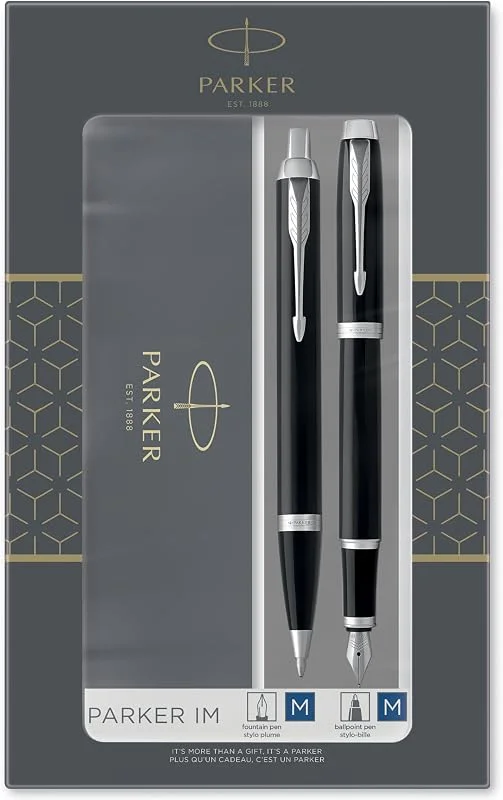 Parker IM set de regalo doble con bolígrafo y pluma estilográfica, acabado negro con adorno cromado, cartucho y recambio de tinta azul, estuche de regalo — Plumon fino