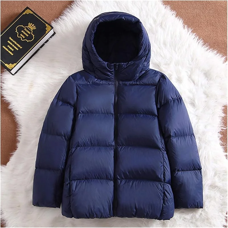 Chaqueta ultraligera cálida y resistente al viento, ultraligera para mujer, con capucha, gruesa, cálida, de plumón de pato, parka portátil (color: azul marino, talla: 4) — Plumon fino
