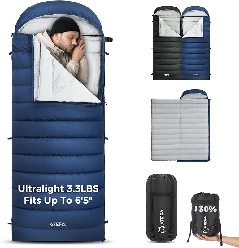 ATEPA Saco de dormir híbrido 3 en 1, ligero para 3 estaciones, con sistema de fijación de almohadilla y saco de compresión para primavera, verano, otoño, coche, camping, senderismo, -1.1 °C 7.2 °C — Plumon fino