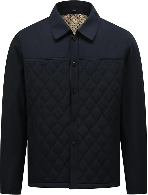 Allthemen Hombre Chaqueta Acolchada Ligero Abrigo Grueso con Solapa Patrón Cuadros Color Liso para Primavera Otoño — Plumon fino