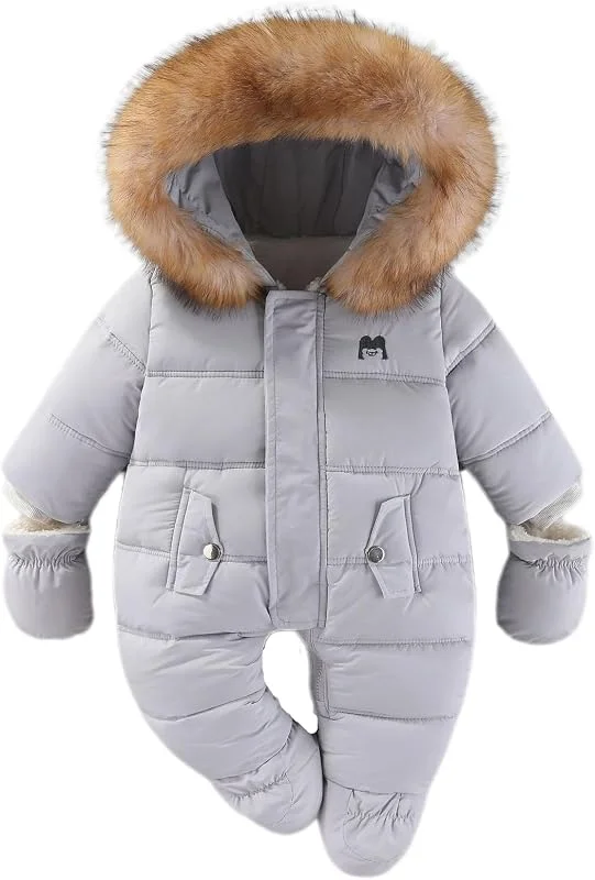 Bebé Invierno Traje de Esquiar Niño Lana Mameluco Encapuchado Mono Niña Cálido Cremallera Ropa de Calle con Guantes Gris 12-18 Meses — Ropa esqui