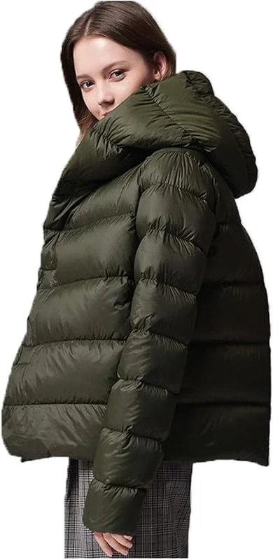 Chaqueta ultraligera cálida y resistente al viento, 90 % ultraligera de plumón de pato blanco para mujer, chaqueta corta con capucha, abrigada para mujer (color: verde, talla: L) — Plumon fino