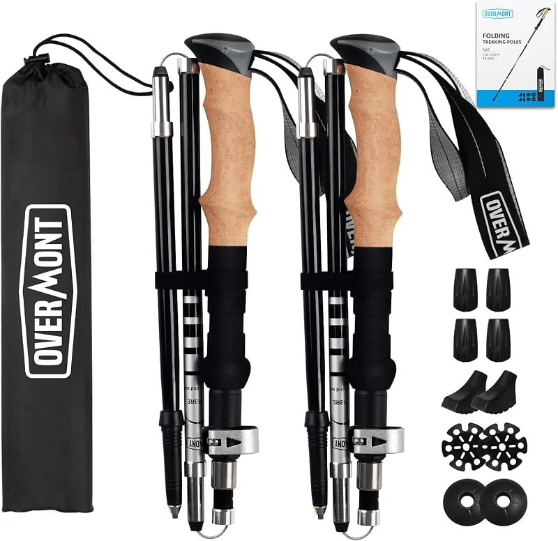 Overmont Bastones Trekking Bastones Senderismo Plegables de Carbono Ultraligeros Ajustables 105-125CM 1 Par Bastones Marcha Nórdica para Senderismo Alpinismo Trail Viaje — Equipo esqui