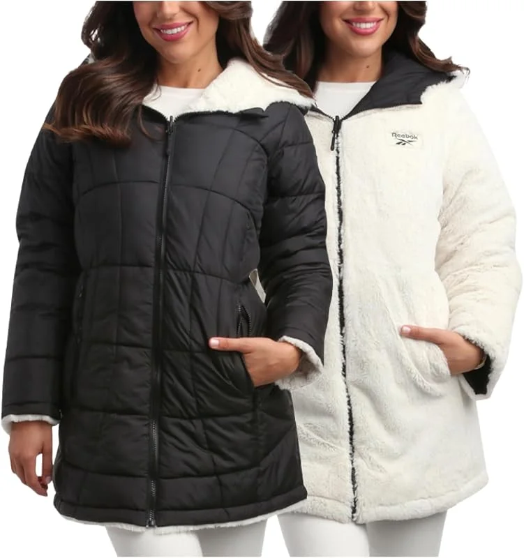 Reebok Chaqueta de invierno para mujer, con forro polar sherpa, reversible, aislante, con capucha de piel sintética — Plumon fino