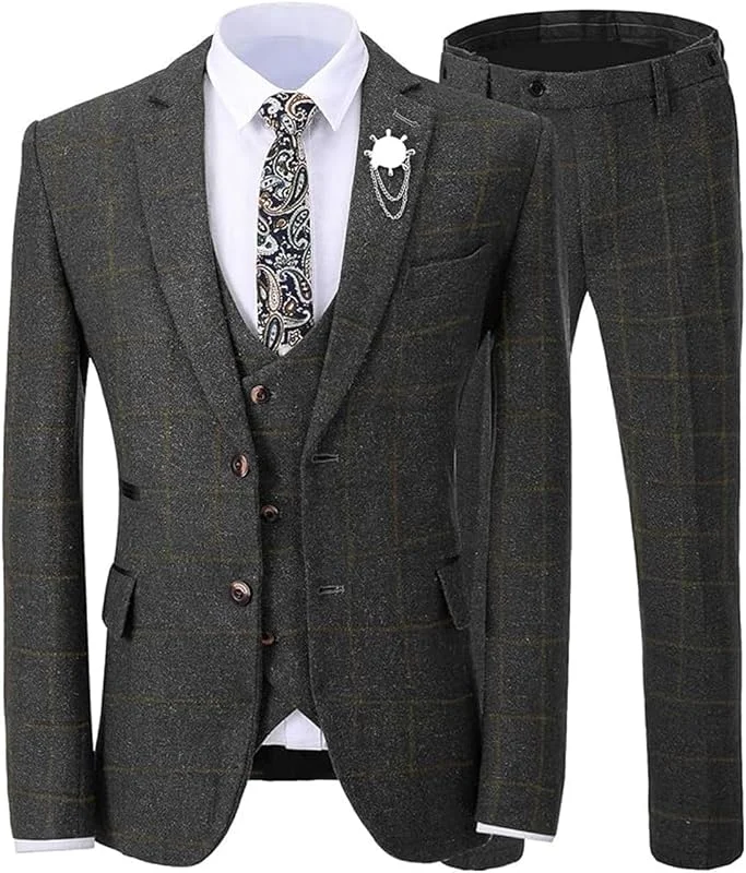 Hombre Traje Tweed Plaid 3 Piezas Casual Dos Botones Chaqueta con Doble Pechera Chaleco Negocios Boda Fiesta Esmoquin — Ropa esqui