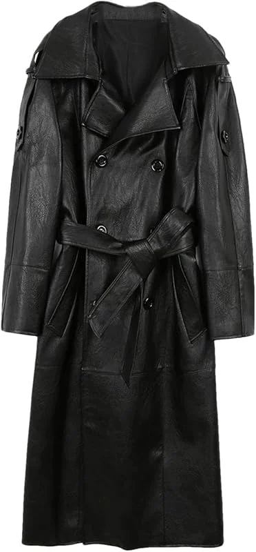 Gabardina larga de piel sintética con solapa para hombre, doble botonadura, casual, manga larga — Ropa esqui