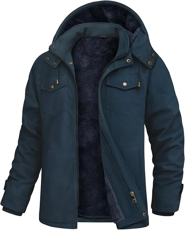 Lonya Chaqueta Hombre Tipo Bómber Invierno Militar Cazadora Jacket Chaquetas de Trabajo Forro de lana Bolsillos Múltiples Cortaviento Casual Cálida de Algodón Cortavientos con Capucha — Ropa esqui