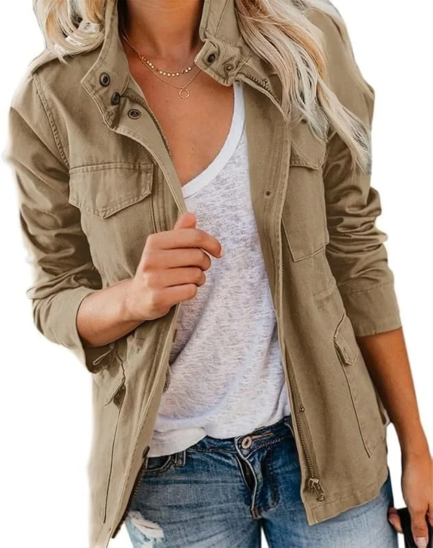 Imily Bela Chaqueta utilitaria para mujer, cuello alto, ligera, con múltiples bolsillos, otoño — Plumon fino