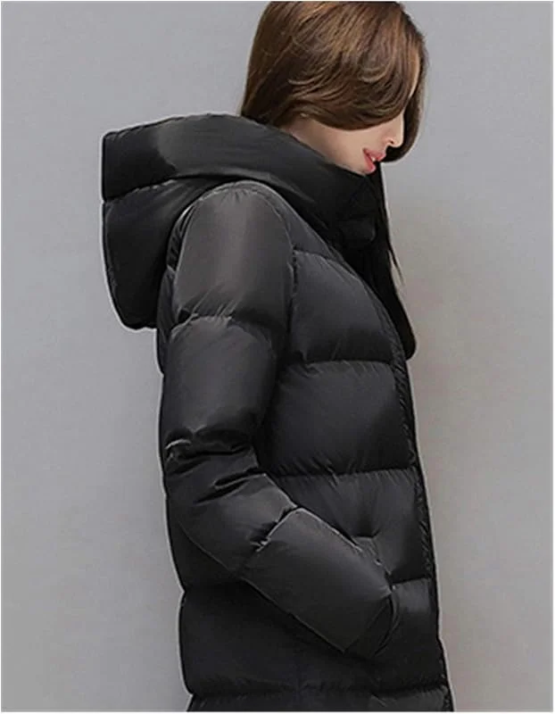 Chaqueta ultraligera cálida y resistente al viento para mujer, chaqueta de plumón súper larga, abrigo grueso negro y rojo, cremallera con capucha para mantener caliente tallas grandes (color: negro — Plumon fino