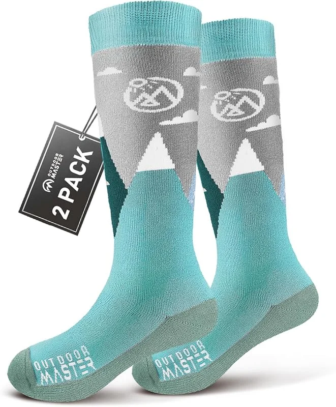 OutdoorMaster 2 Pares Unisex Lana Merino calcetines de Esquí Para Chicos & Niñas, Niño Calcetines Invierno Snowboarding Transpirables para Deportes al Aire Libre con Diseño OTC, Puño Antideslizante — Equipo esqui