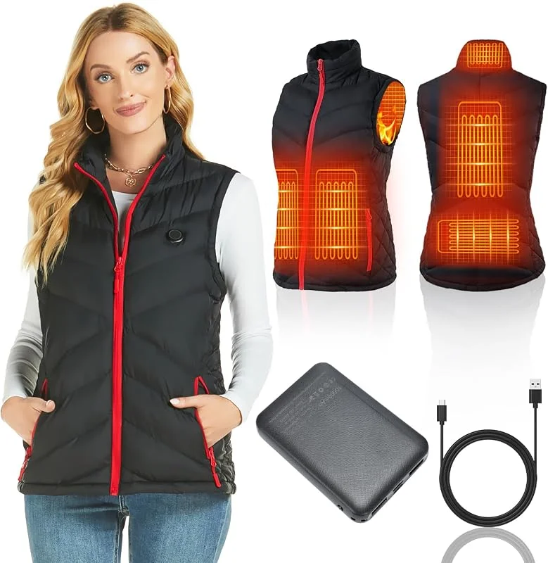 Chaleco Calefactable Mujer con Batería 5V 10000mAh, Chaleco Térmico Eléctrico Ligero y Cálido para Invierno, Camping, Senderismo y Uso Diario — Plumon fino