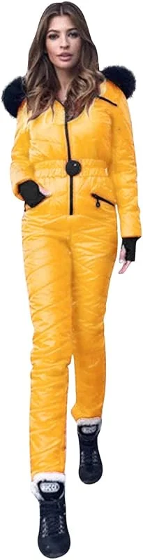 Traje de nieve para mujer, traje de esquí y snowboard, mono de invierno extremadamente cálido con capucha de piel sintética, chaqueta de esquí compacta, chaqueta de invierno con capucha para esquiar. — Ropa esqui