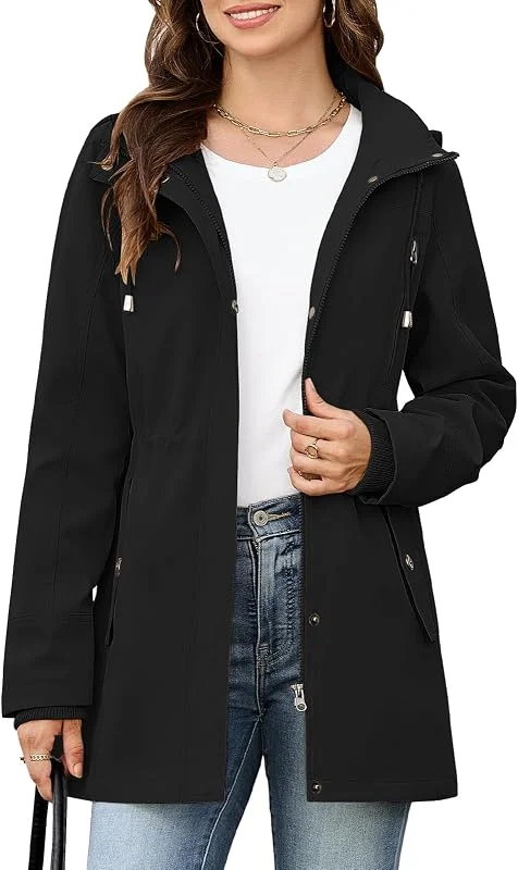 CMTOP Chaqueta Mujer Entretiempo Ligera con Capucha, Parka de Longitud Media con Cremallera, Cintura Ajustable y Multibolsillos para Primavera y Otoño — Plumon fino