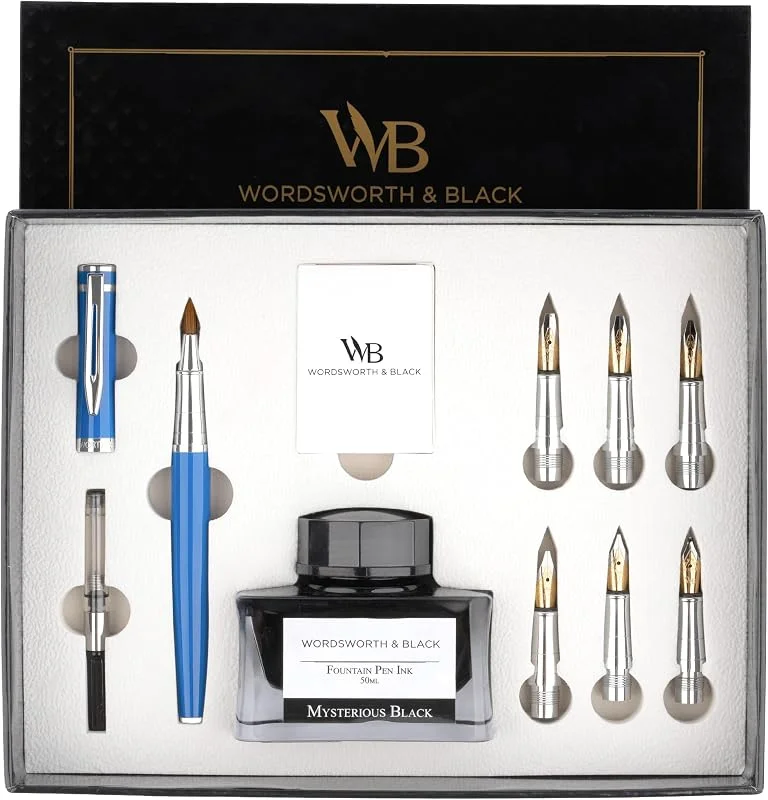 Wordsworth & Black Set Pluma Caligrafía para Escritura, 6 Plumines, Azul — Plumon fino