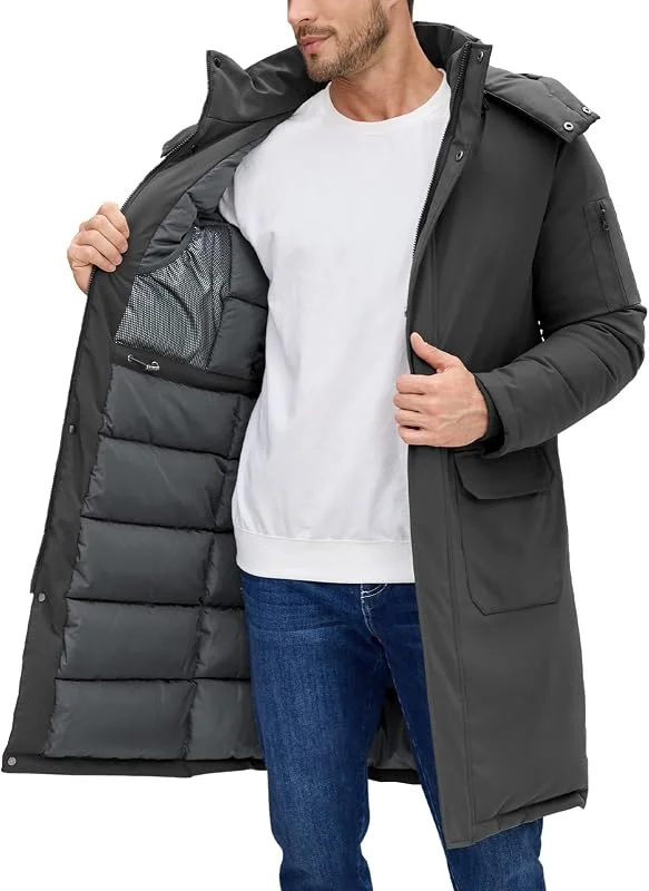Voqeen Abrigos Hombre Invierno Largo Cálido Chaqueta Acolchada Grueso con Capucha Desmontable Termico Cazadora con Bolsillos Múltiples al Aire Libre — Ropa esqui