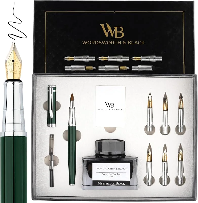 Wordsworth & Black Set Pluma Caligrafía para Escritura, 6 Plumines, Verde — Plumon fino