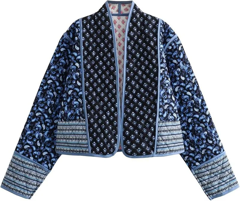 Yimoon Chaqueta acolchada para mujer, ligera, con estampado floral, chaqueta acolchada corta con mangas abullonadas, abertura frontal, chaqueta de invierno — Plumon fino