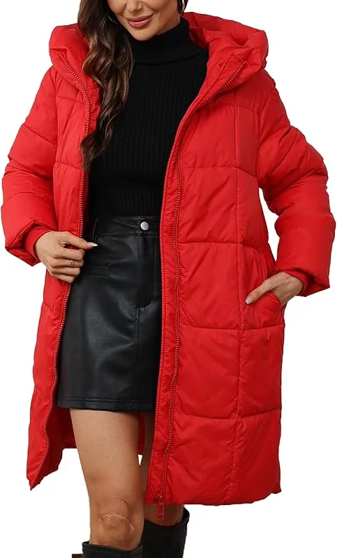 Maeau - Chaqueta Acolchada Larga con Capucha Mujer con Cremallera Invierno Chaqueta de Plumón Larga Parka Abrigos Plumas Cálido Cortaviento S-3XL — Plumon fino