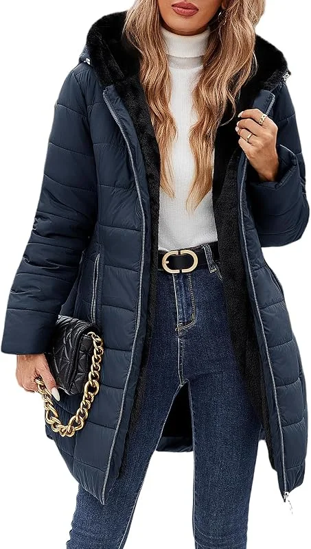 CMTOP Chaqueta Mujer Invierno Cálido Abrigo Acolchado Mujer Forro Polar Chaqueta Cremallera Largo con Capucha Termico Abrigo Casual Elegante Cazadora Hoodie Parka con Bolsillos — Plumon fino