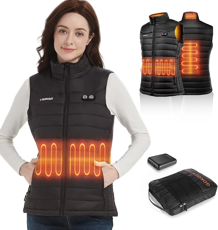 Gokozy Chaleco Calefactable Mujer con Batería 10000 mAh, 5 Zonas Grandes de Calefacción, Chaleco Térmico Eléctrico USB con 3 Niveles de Temperatura, Chaleco Ligero y Lavable para Invierno Exterior — Plumon fino