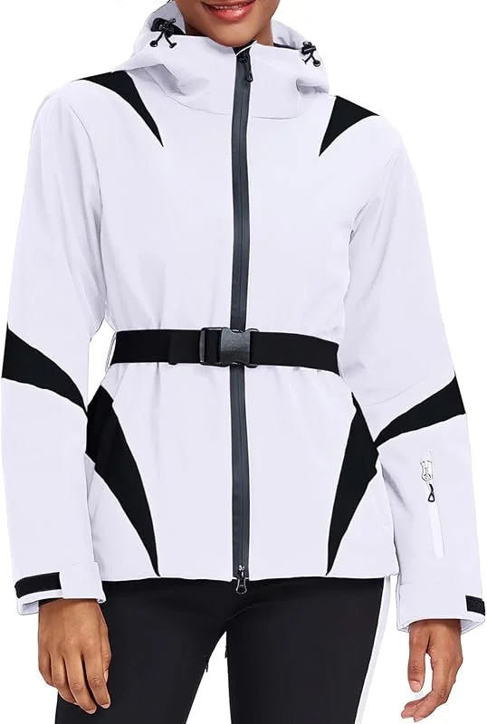 HOTIAN Chaqueta de invierno para mujer, chaqueta de esquí, impermeable, cortavientos, cálida, con capucha, transpirable, chaqueta de nieve, cortavientos con capucha y cinturón de cadera — Ropa esqui