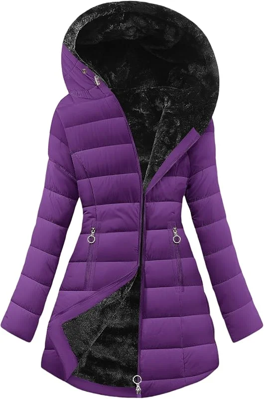 CMTOP Parka Mujer Invierno Larga Acolchada con Forro de Felpa Capucha Ajustable Tejido Hidrófugo Bolsillos con Cremallera y Puños de Canalé Cortaviento — Plumon fino