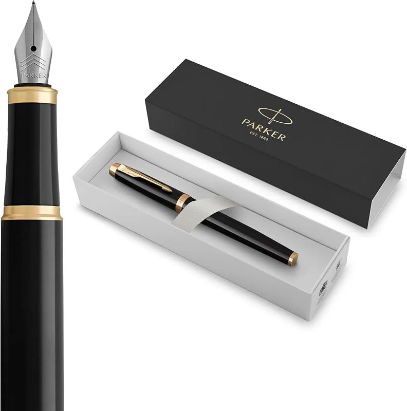 Parker IM pluma estilográfica, lacada en negro con adorno dorado, plumín fino y recambio de tinta azul, en estuche de regalo — Plumon fino