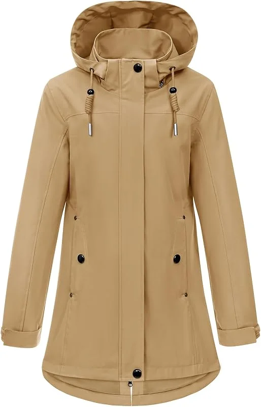 CMTOP Chaqueta Mujer Entretiempo Softshell Impermeable, Chaquetas Mujer Larga Cortavientos con Capucha Desmontable, Parka Abrigo Ligera con Bolsillos para Primavera y Otoño — Plumon fino