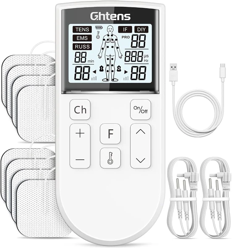 GHTENS 5 en 1 Electroestimulador Muscular‌ Profesional, Recargable 80 Modos de Estimulación, Con Función TENS, EMS, RUSS, IF, DIY y Masaje, 2 Canales, 16 Intensidad, Para el Alivio del Dolor (Blanco) — Equipo esqui