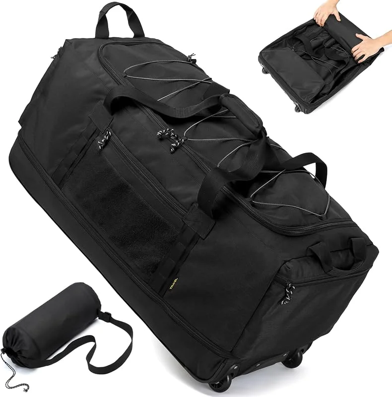 Laripwit Plegable Bolsa de Viaje con Ruedas 130-170L Extensible Bolsa de Deporte Extra Grande Maletas de Viaje con Asas Múltiples para Cámping Fin de Semana o de Viajes, Negro — Equipo esqui