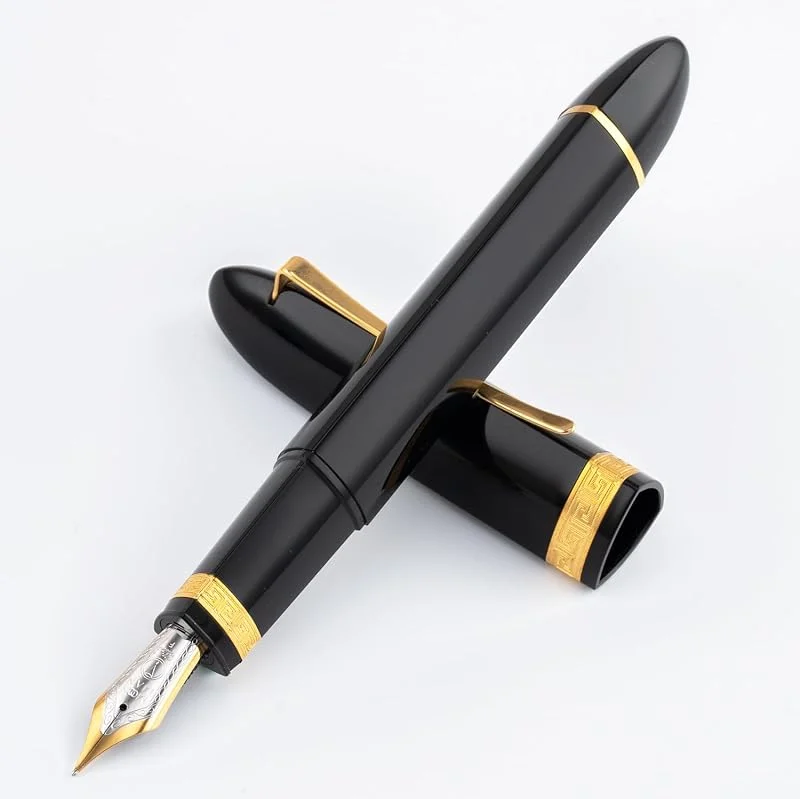 erofa Majohn V60 Pluma estilográfica de pistones, plumín extrafino, resina negra con clip triangular dorado, juego de plumas de oficina de escritura con caja de regalo — Plumon fino