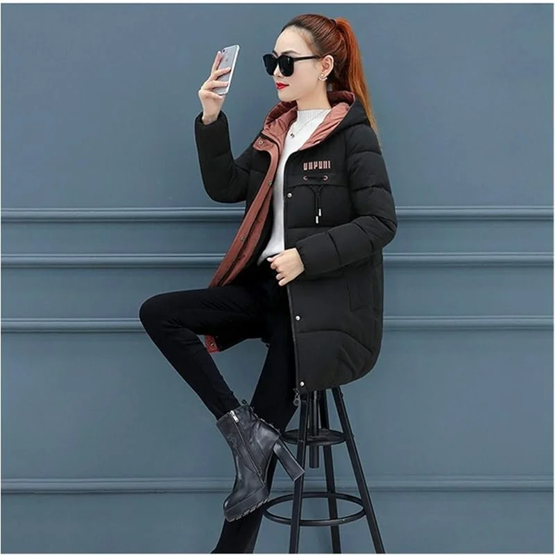 Chaqueta ultraligera cálida y resistente al viento, de algodón de manga larga, para mujer, con capucha, de gran tamaño, suelta, color puro, casual, de plumón grueso (color: negro, talla: 4) — Plumon fino