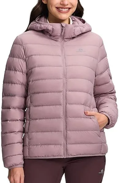 Pioneer Camp Chaqueta de plumón para mujer, ligera, plegable, de aislamiento, chaqueta acolchada con capucha y cremallera, bolsillos, chaqueta de invierno para senderismo y viajes — Plumon fino