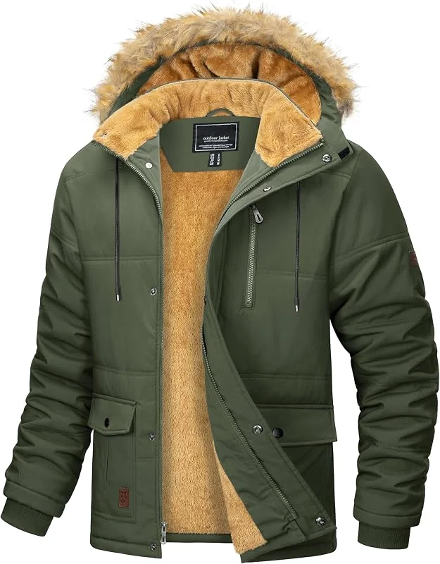 MAGCOMSEN - Chaqueta de Invierno Hombre, Resistente al Viento, Forro Polar, Impermeable, Capucha, Manga Larga, Verde, Talla XXL — Plumon fino