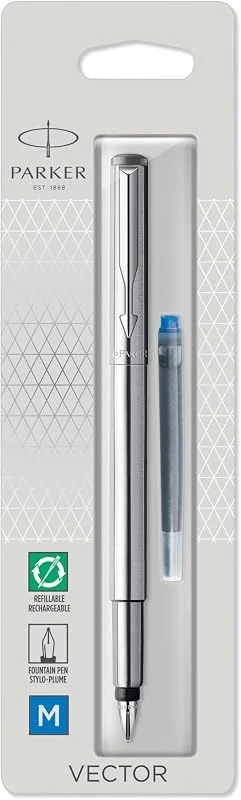 Parker Vector pluma estilográfica, acero inoxidable con adorno cromado, plumín mediano y tinta azul, en blíster — Plumon fino