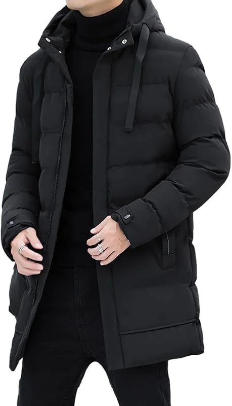 Hombre Chaqueta Térmica de Invierno con Capucha Longitud Media Acolchado Relleno Abrigos de Plumón — Plumon fino