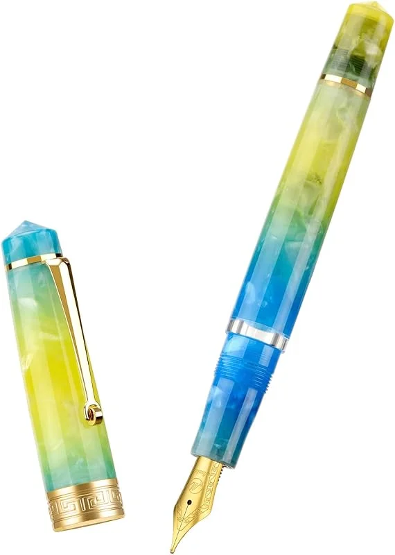 Asvine P20 Piston Pluma estilográfica de resina amarilla gradual, iridio de punta media, ribete dorado, colección de escritura suave con estuche — Plumon fino