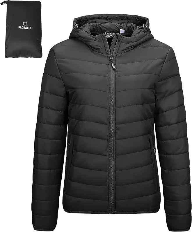 Outdoor Ventures Chaqueta acolchada ligera para mujer, chaqueta de entretiempo, cálida chaqueta de invierno con capucha, chaqueta acolchada con bolsillos para ocio, senderismo — Plumon fino