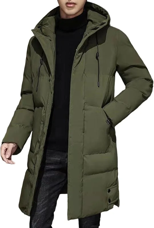 Chaqueta larga de plumón para hombre, con capucha, aislamiento térmico, acolchada, longitud hasta la rodilla, resistente al viento, abrigo de invierno — Plumon fino