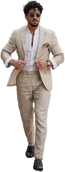 Hombre Traje de Lino Solapa con Muesca Dos Botones Chaqueta 2 Piezas Set para Novio Casual Esmoquin — Ropa esqui