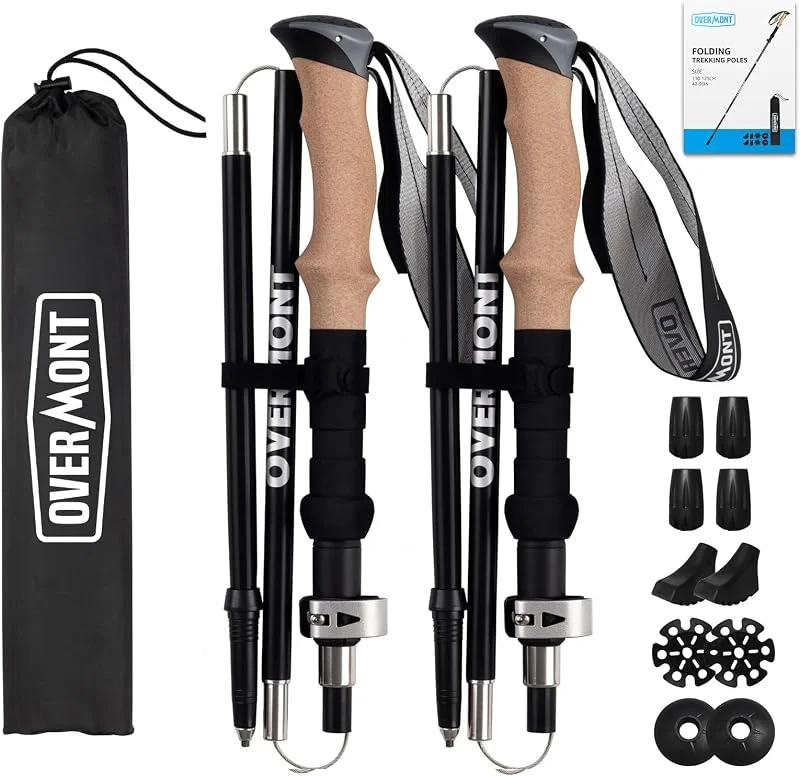Overmont Bastones de Senderismo Plegables de Aluminio, ultraligeros, Ajustables de 105 a 125 cm, Bastones de Trekking nórdicos, 1 par con Accesorios para Todo Terreno — Equipo esqui