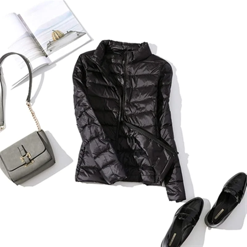 Chaqueta ultraligera, cálida y resistente al viento, ultraligera, de plumón, básica, de invierno, para mujer, de terciopelo, con capucha, para otoño, para mujer (color: negro, talla: 4) — Plumon fino
