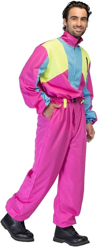 Boland – Traje de esquí retro rosa, brilla con luz negra, disfraz de los años 80 para hombre, traje para fiesta après-ski, traje para disfraces de carnaval — Ropa esqui