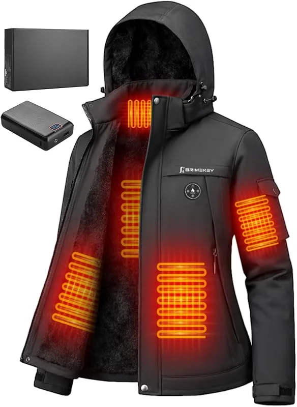 Chaqueta Calefactable de Esquí Mujer con Capucha, Impermeable y Cortaviento, Forro Polar, Batería 20000mAh, 6 Zonas de Calefacción, 3 Niveles de Temperatura para Esquí y Senderismo — Ropa esqui