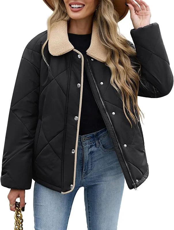 Tuopuda Chaqueta Acolchada Mujer Chaqueta Corta y Ligera con Cuello Sherpa — Plumon fino