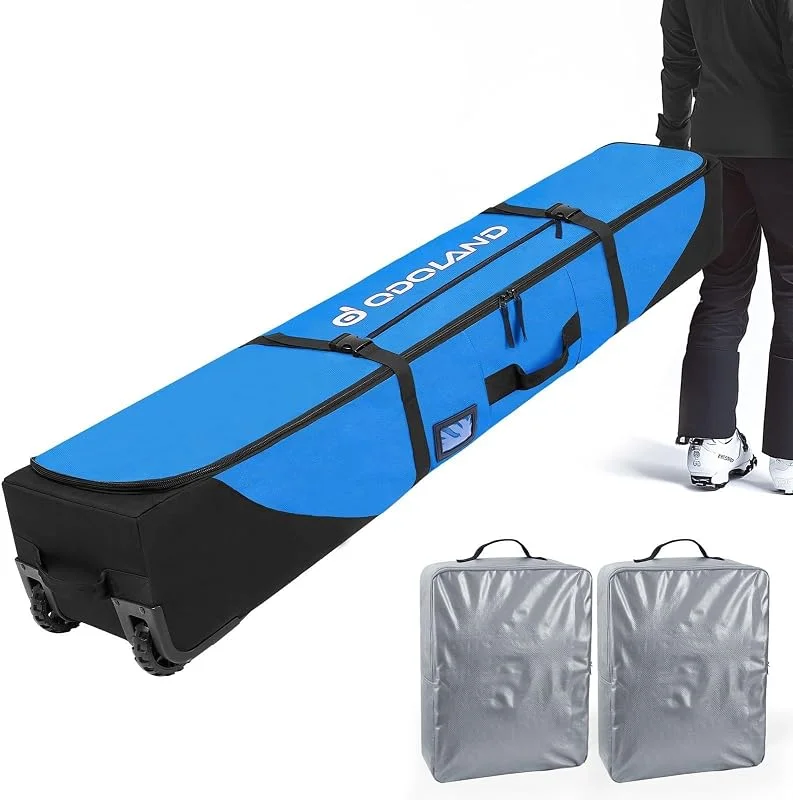 Odoland Bolsa de Esquí con Ruedas Bolsas Acolchadas para Snowboard y Botas de Esquí con Ruedas para Viajes en Avión, Tela Oxford 900D Impermeable, Apta a 2 Pares de Esquís de 170, 190 cm — Equipo esqui