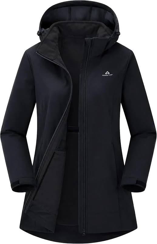Pioneer Camp Chaqueta softshell para mujer, de forro polar, con capucha, impermeable y cortavientos, cintura ajustable, con cremallera, bolsillos para senderismo, correr, etc — Ropa esqui