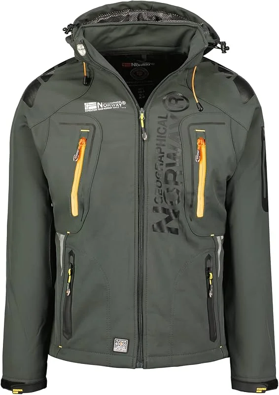 Geographical Norway Techno Men - Chaqueta Softshell Impermeable Con Capucha Para Hombre - Chaqueta Outdoor Cortavientos Resistente - Senderismo Esquí Otoño Invierno Primavera (Gris oscuro, naranja M) — Ropa esqui