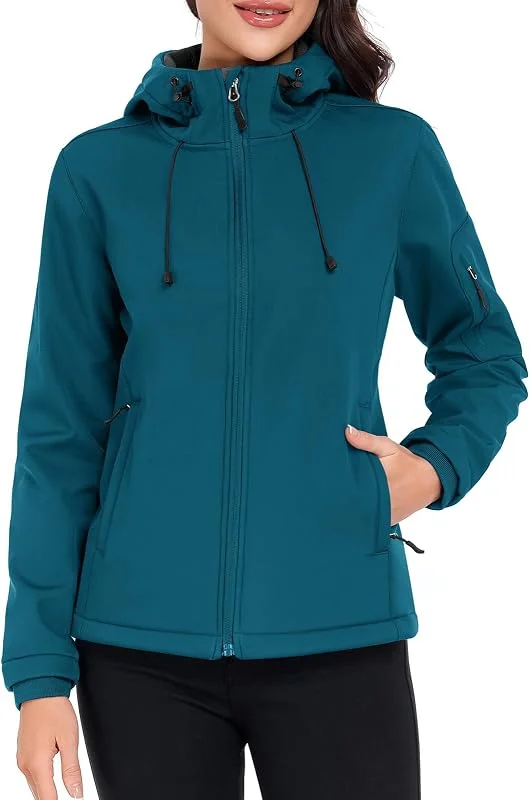 CMTOP Chaqueta Softshell Mujer Corta Forro Polar Cálida Abrigo Repelente al Agua Cortavientos Outdoor Chaqueta, Chubasquero con Capucha para Correr, Senderismo, Deportes — Ropa esqui