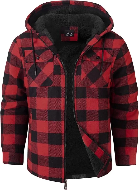 SwissWell Hombres Camisa Chaqueta Cuadros de Franela a Cuadros Gruesos Forro Felpa Casual Forrado Hombres Sudadera Capucha Chaqueta Invierno — Plumon fino